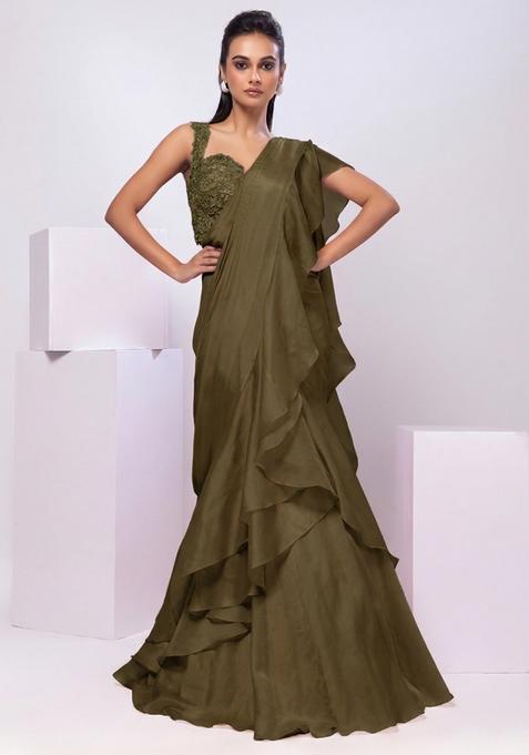 Olive Green Embroidery Handwork  Pre Draped Saree Set