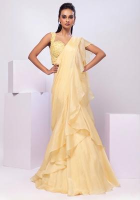 Light Yellow Embroidery Handwork Pre Draped Saree Set