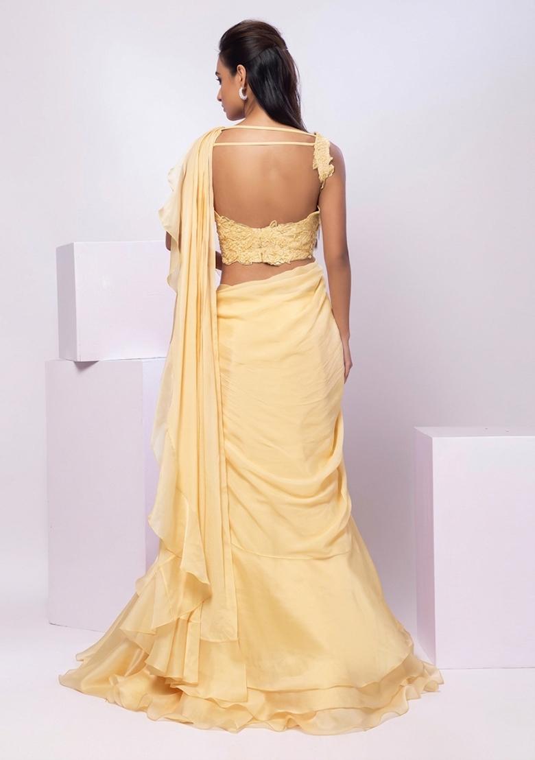 Light Yellow Embroidery Handwork Pre Draped Saree Set - Indya