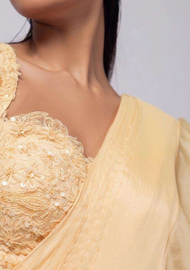 Light Yellow Embroidery Handwork Pre Draped Saree Set - Indya