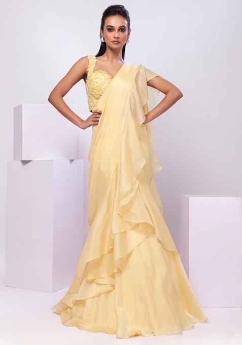 Light Yellow Embroidery Handwork  Pre Draped Saree Set
