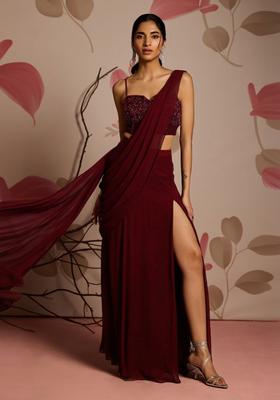 Deep Maroon Embroidery Handwork  Pre Draped Saree Set