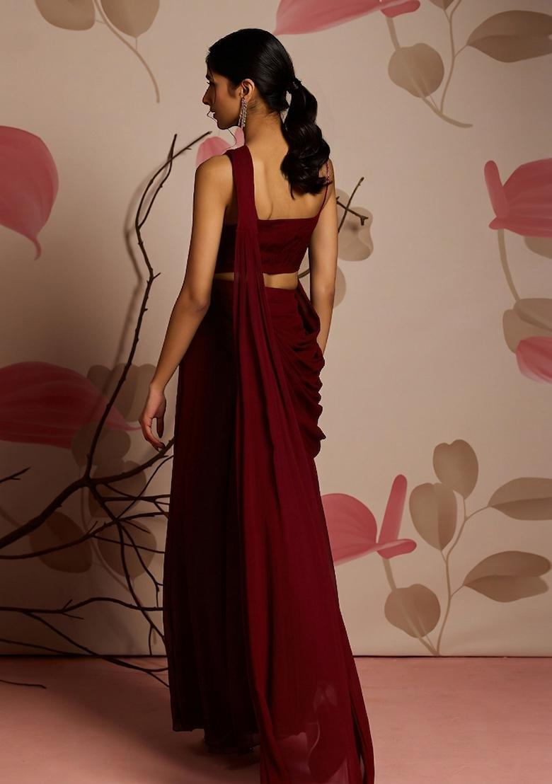 Deep Maroon Embroidery Handwork Pre Draped Saree Set - Indya