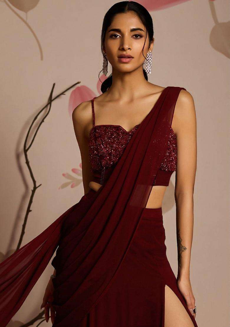 Deep Maroon Embroidery Handwork Pre Draped Saree Set - Indya