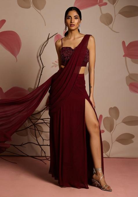 Deep Maroon Embroidery Handwork  Pre Draped Saree Set