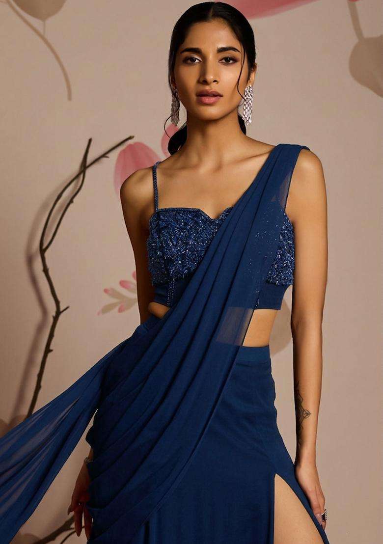 Navy Blue Embroidery Handwork Pre Draped Saree Set - Indya