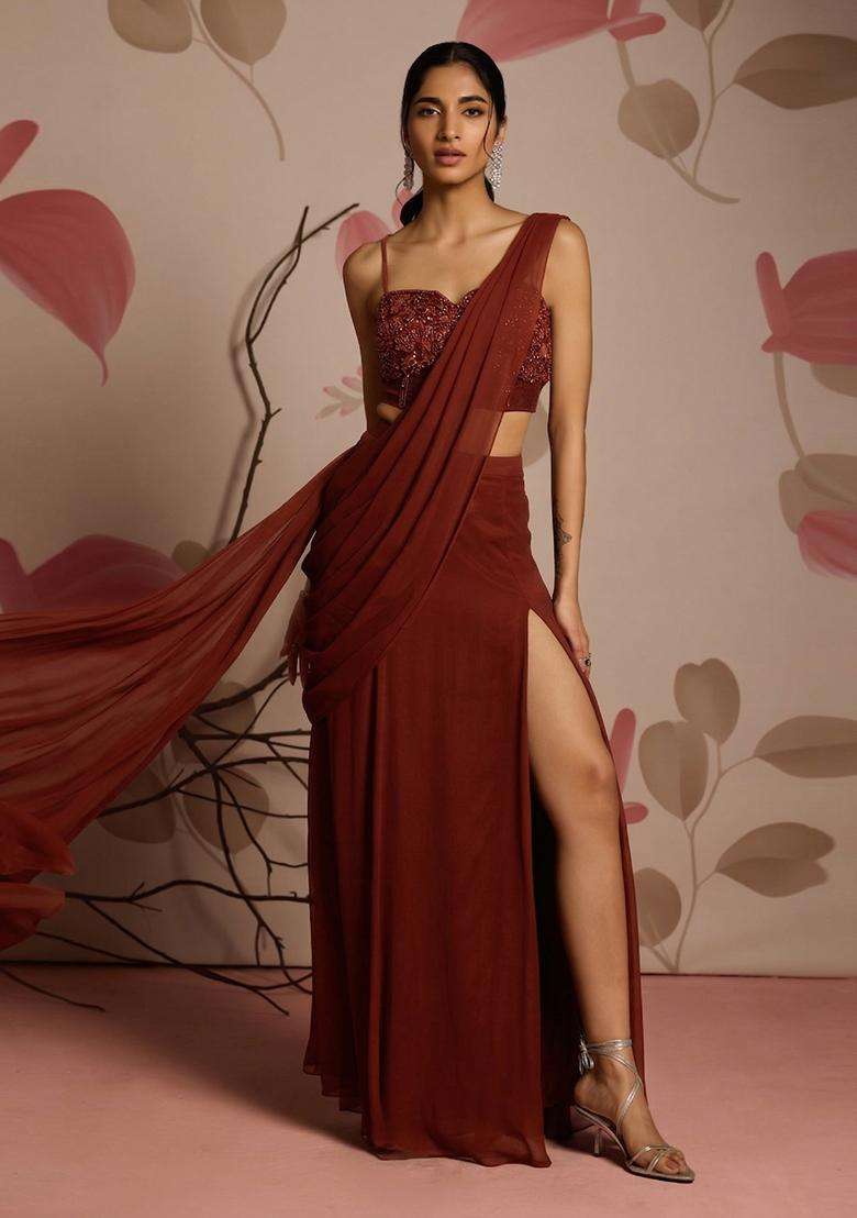 Burgundy Embroidery Handwork Pre Draped Saree Set - Indya