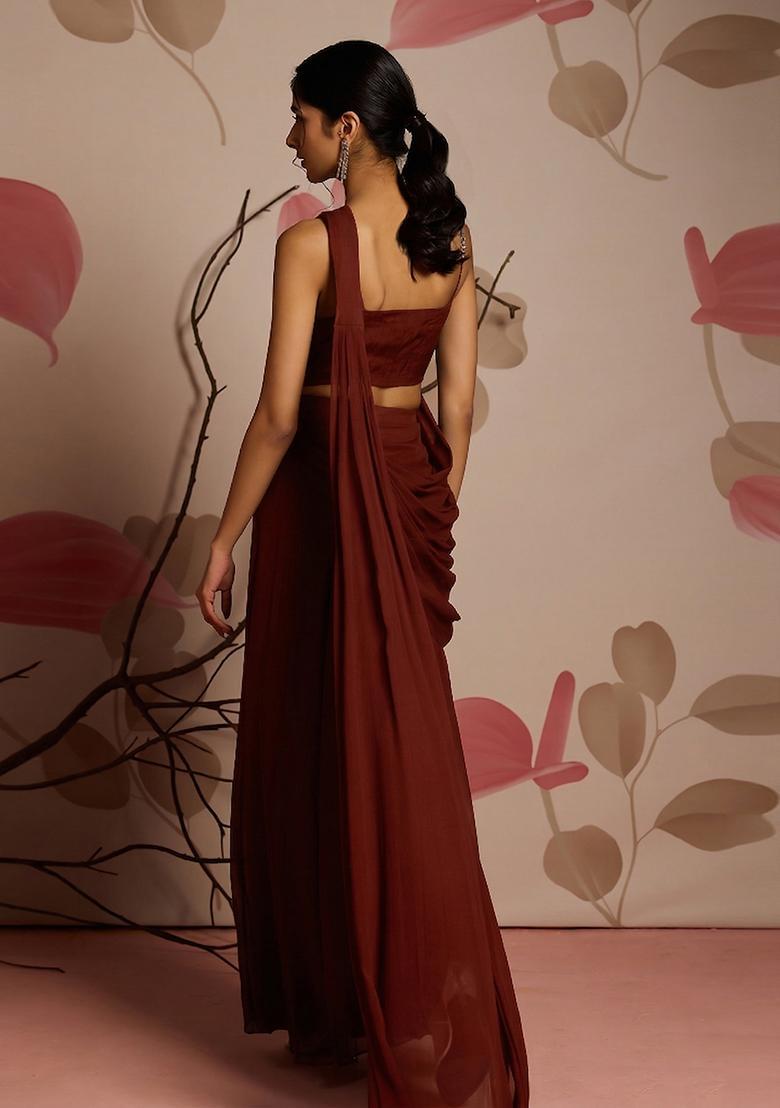 Burgundy Embroidery Handwork Pre Draped Saree Set - Indya