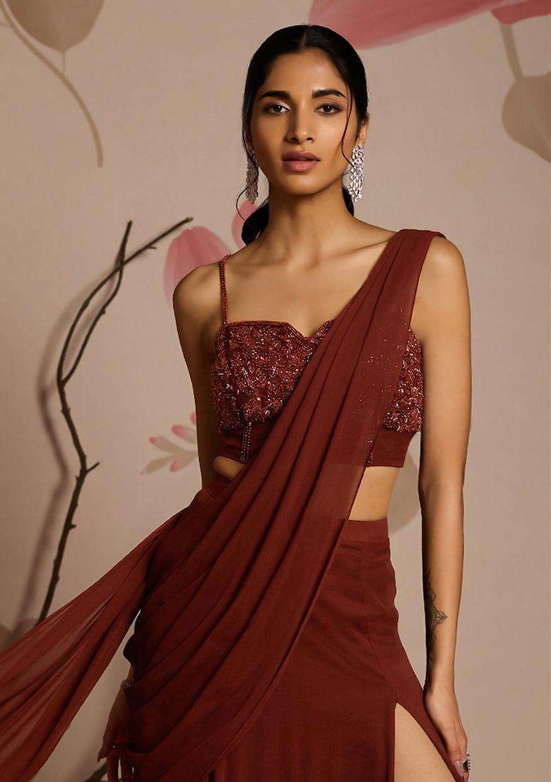Burgundy Embroidery Handwork Pre Draped Saree Set - Indya