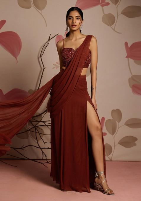 Burgundy Embroidery Handwork  Pre Draped Saree Set