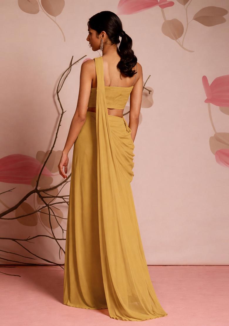 Mustard Yellow Embroidery Handwork Pre Draped Saree Set - Indya