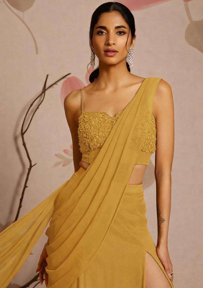 Mustard Yellow Embroidery Handwork Pre Draped Saree Set - Indya