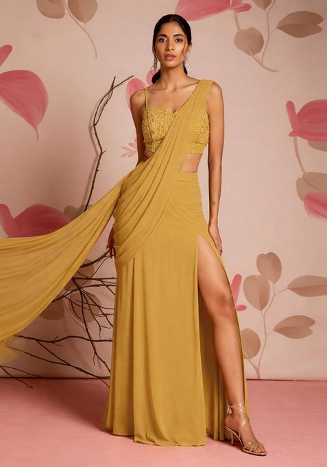 Mustard Yellow Embroidery Handwork Pre Draped Saree Set