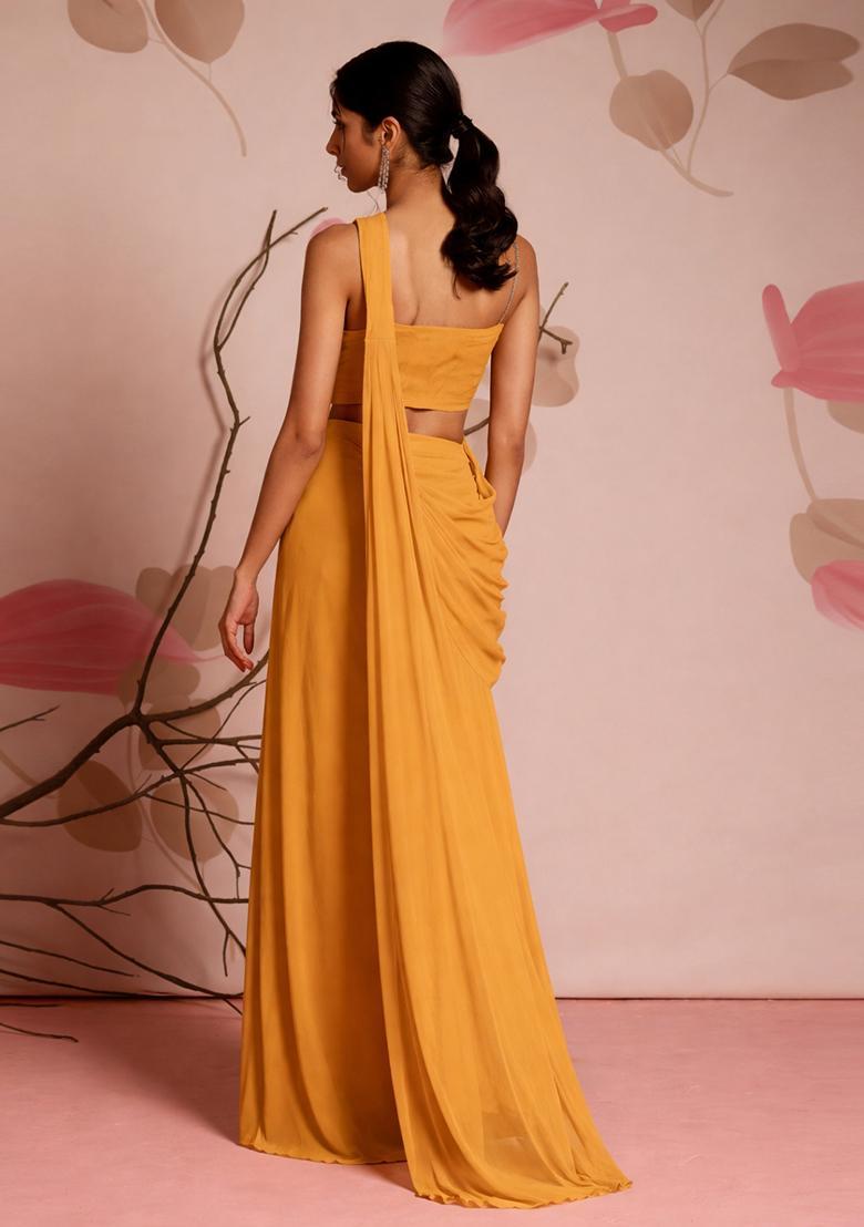 Mustard Yellow Embroidery Handwork Pre Draped Saree Set - Indya