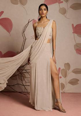 Off White Embroidery Handwork  Pre Draped Saree Set
