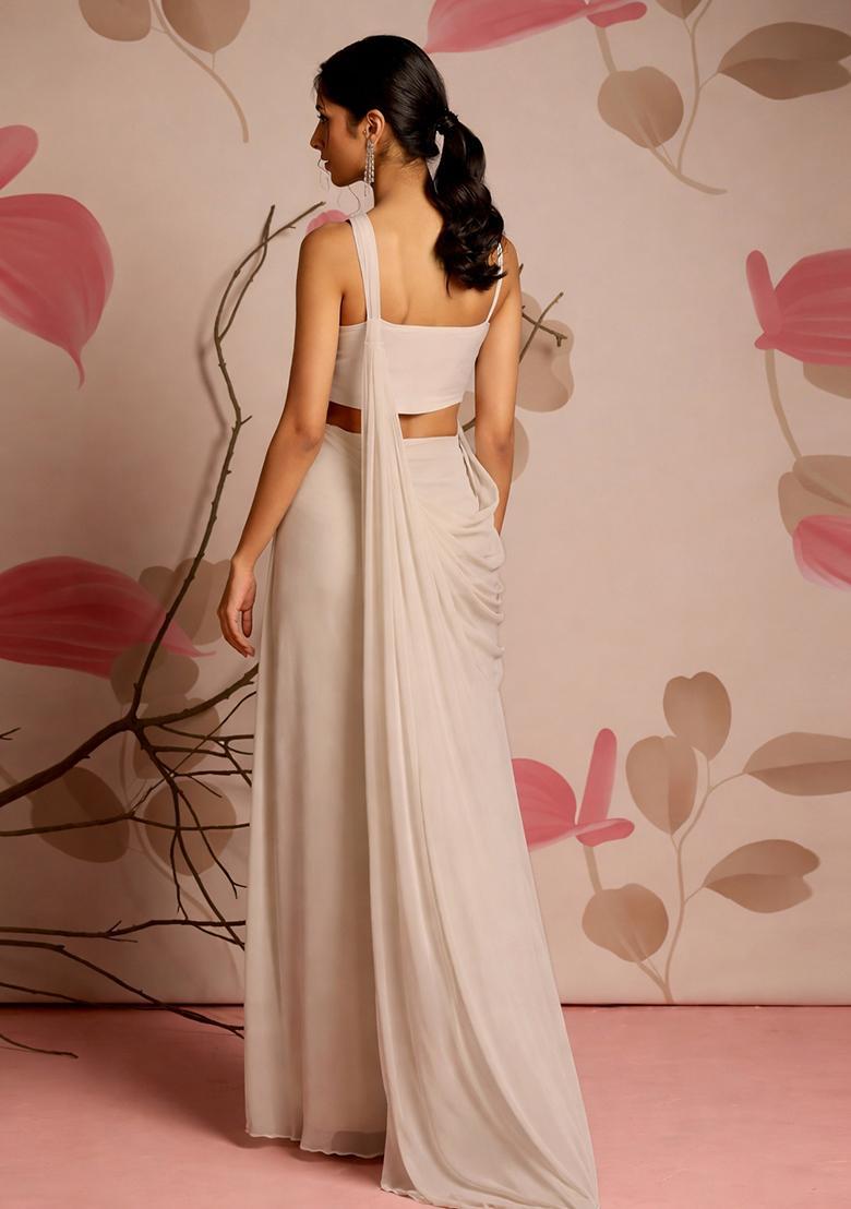 Off White Embroidery Handwork Pre Draped Saree Set - Indya