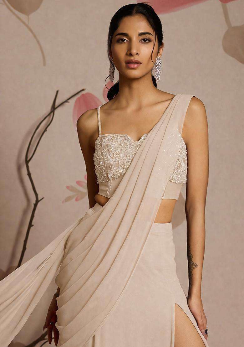 Off White Embroidery Handwork Pre Draped Saree Set - Indya