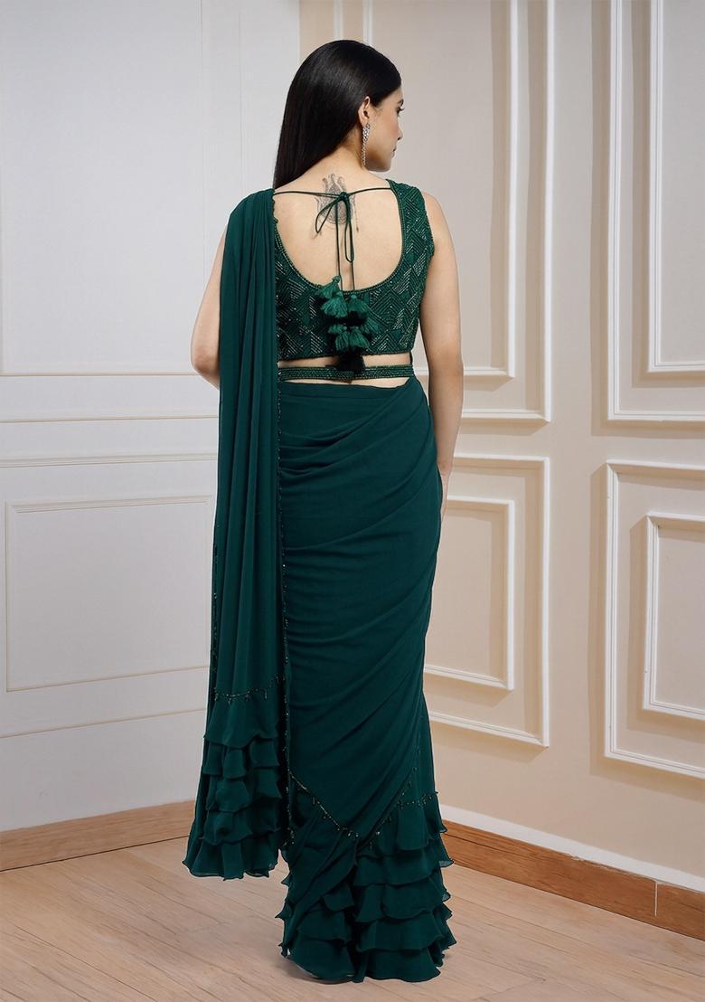 Dark Green Sequins Handwork  Pre Draped Saree Set - Indya