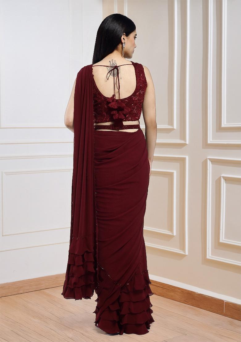 Deep Maroon Sequins Handwork Pre Draped Saree Set - Indya