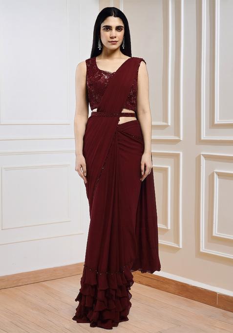 Deep Maroon Sequins Handwork  Pre Draped Saree Set