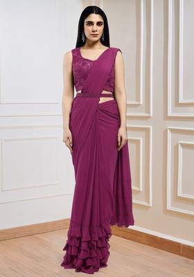 Magenta Sequins Handwork  Pre Draped Saree Set