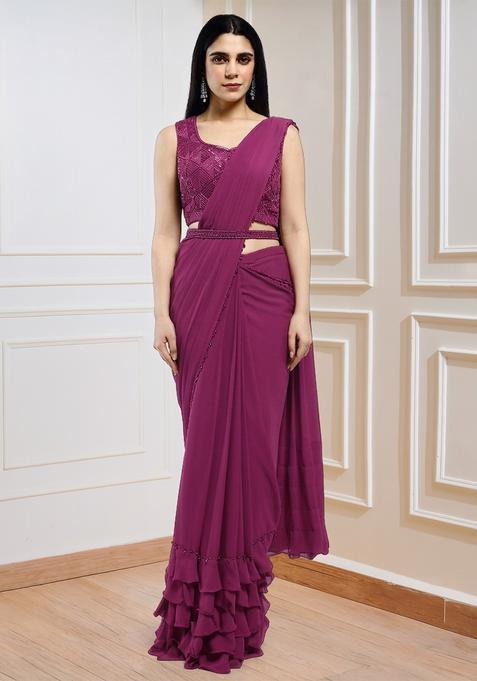 Magenta Sequins Handwork  Pre Draped Saree Set