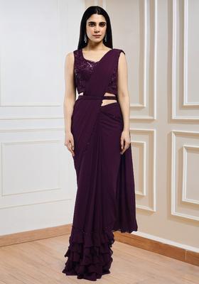 Deep Purple Sequins Handwork  Pre Draped Saree Set
