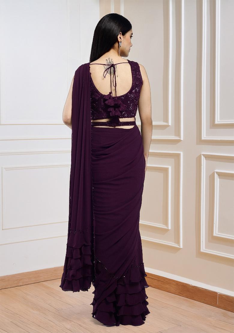 Deep Purple Sequins Handwork Pre Draped Saree Set - Indya