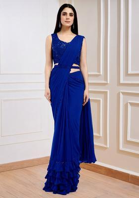 Dark Blue Sequins Handwork  Pre Draped Saree Set