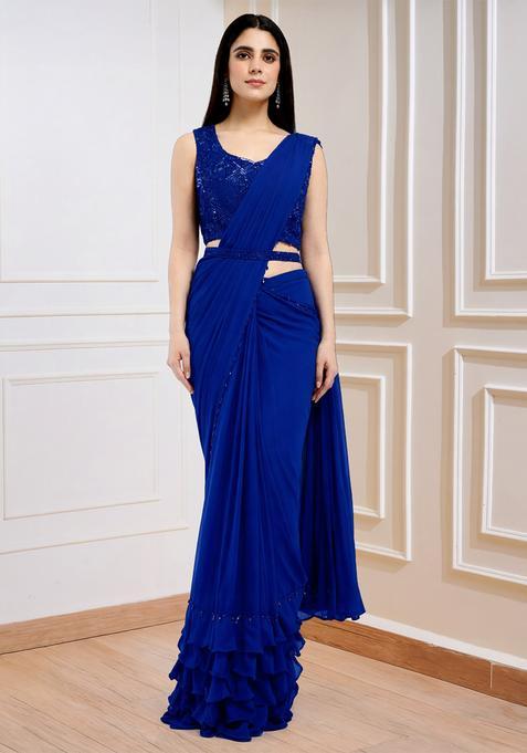 Dark Blue Sequins Handwork  Pre Draped Saree Set