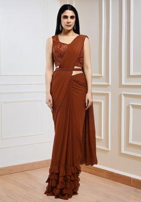 Rust Orange Sequins Handwork  Pre Draped Saree Set