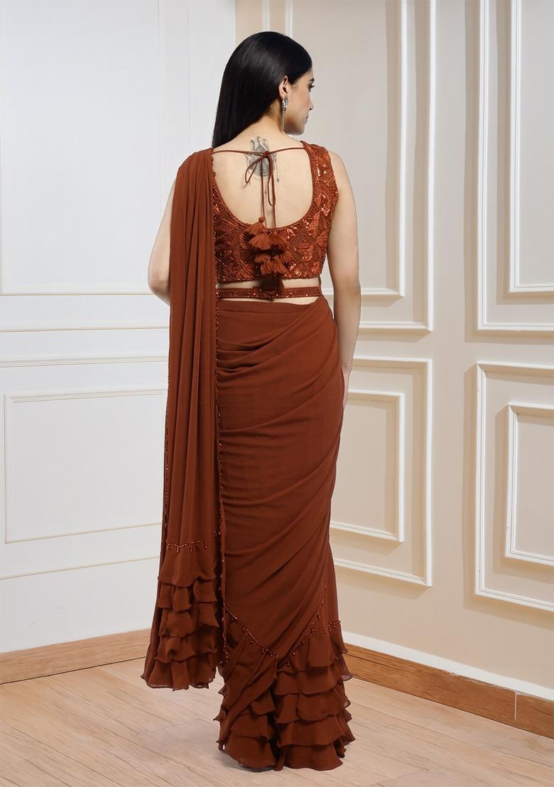 Rust Orange Sequins Handwork  Pre Draped Saree Set - Indya