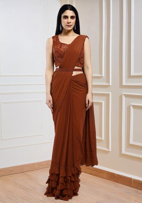 Rust Orange Sequins Handwork  Pre Draped Saree Set