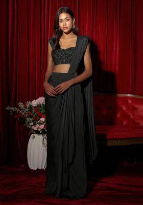 Black Embroidery Handwork  Pre Draped Saree Set