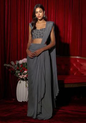 Grey Embroidery Handwork  Pre Draped Saree Set