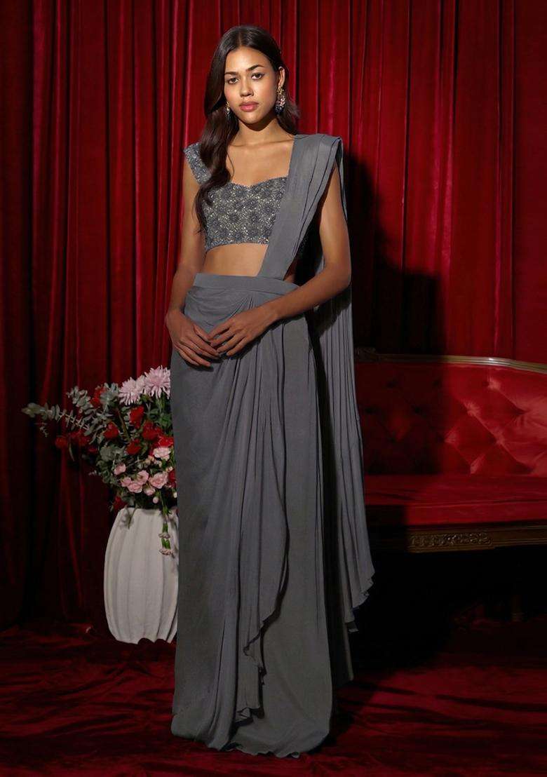 Grey Embroidery Handwork Pre Draped Saree Set - Indya