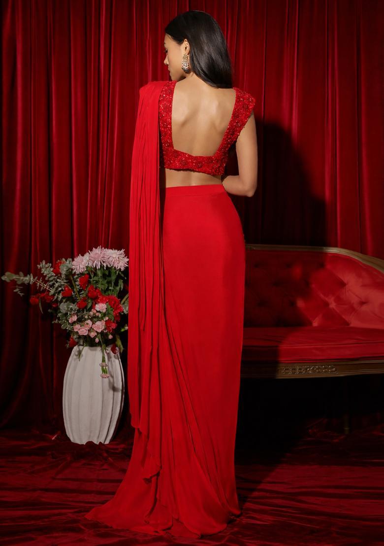 Red Embroidery Handwork  Pre Draped Saree Set - Indya