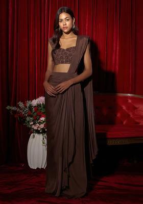 Deep Brown Embroidery Handwork  Pre Draped Saree Set