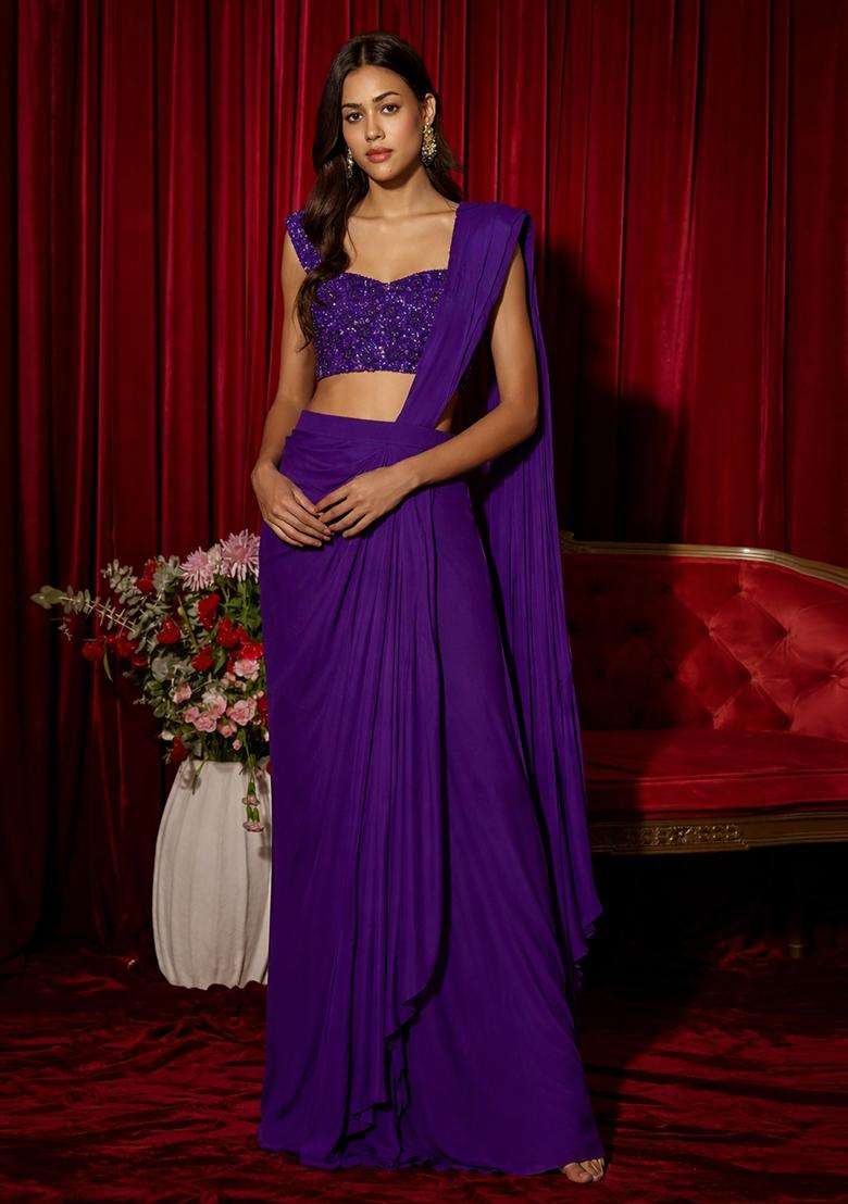 Purple Embroidery Handwork Pre Draped Saree Set - Indya