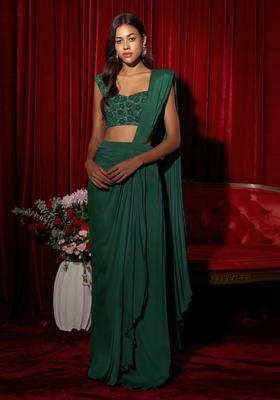 Emerald Green Embroidery Handwork  Pre Draped Saree Set