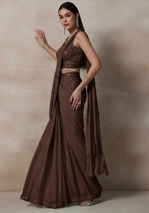 Brown Embellished Designer Pre Draped Saree Set