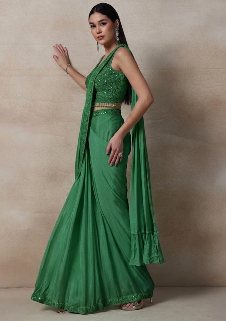 Green Embellished Designer Pre Draped Saree Set - Indya