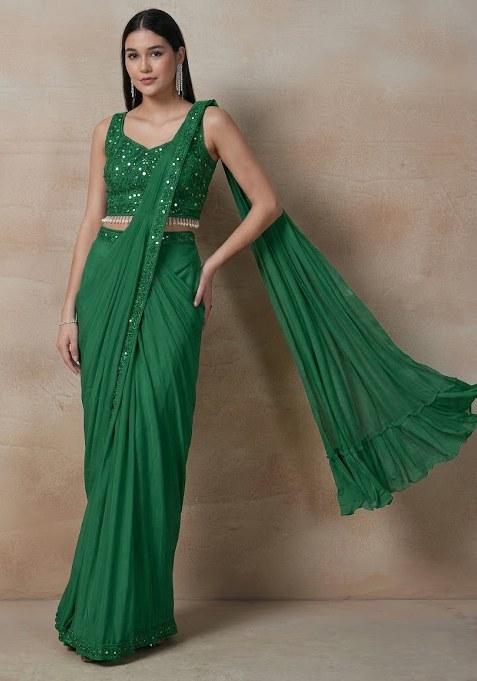 Green Embellished Designer Pre Draped Saree Set