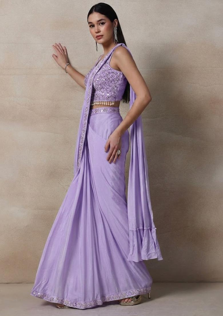 Lavender Embellished Designer Pre Draped Saree Set - Indya