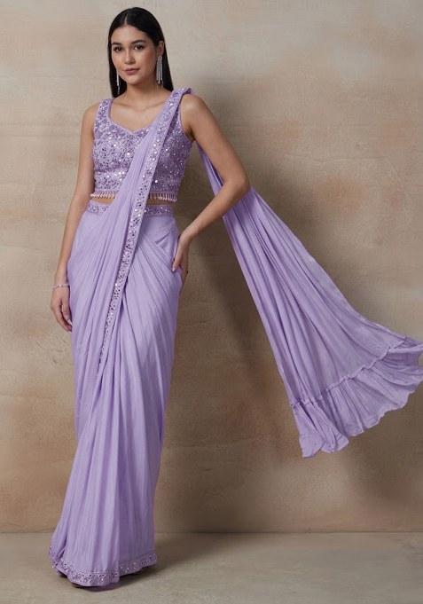 Lavender Embellished Designer Pre Draped Saree Set