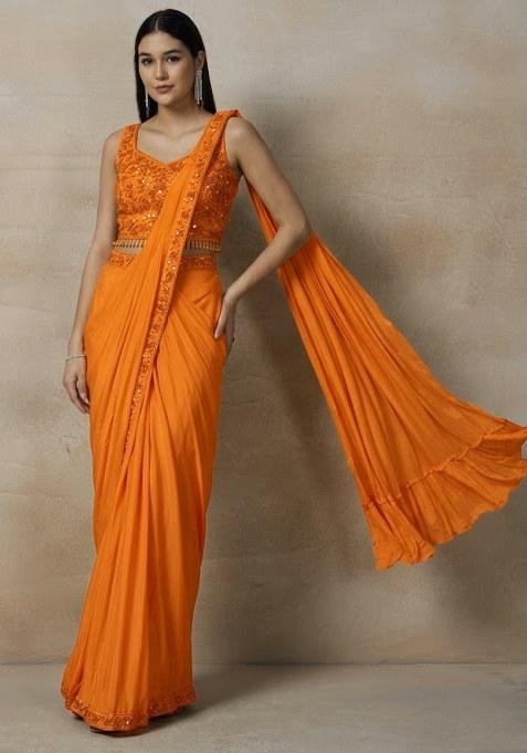 Orange Embellished Designer Pre Draped Saree Set