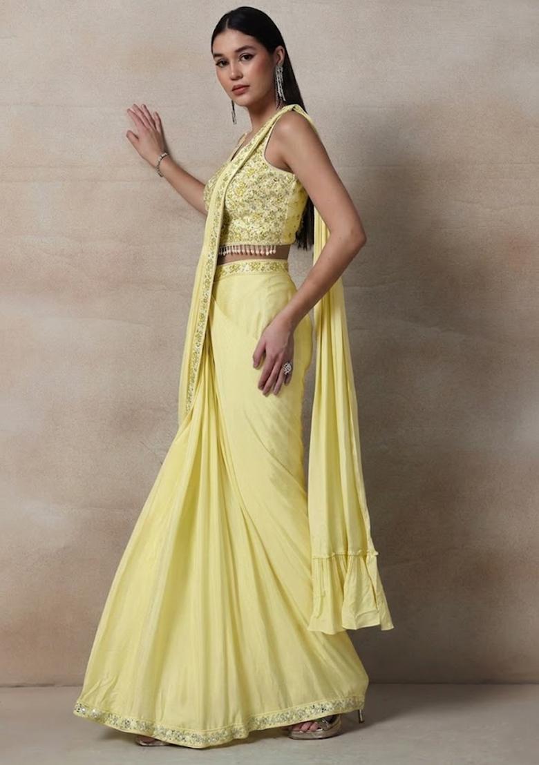 Yellow Embellished Designer Pre Draped Saree Set - Indya