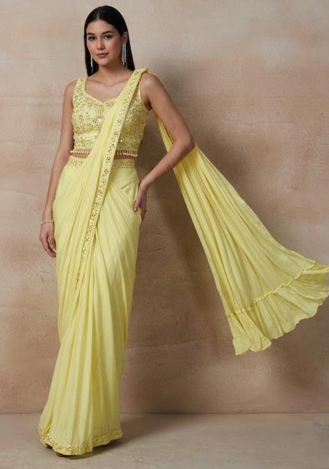Yellow Embellished Designer Pre Draped Saree Set