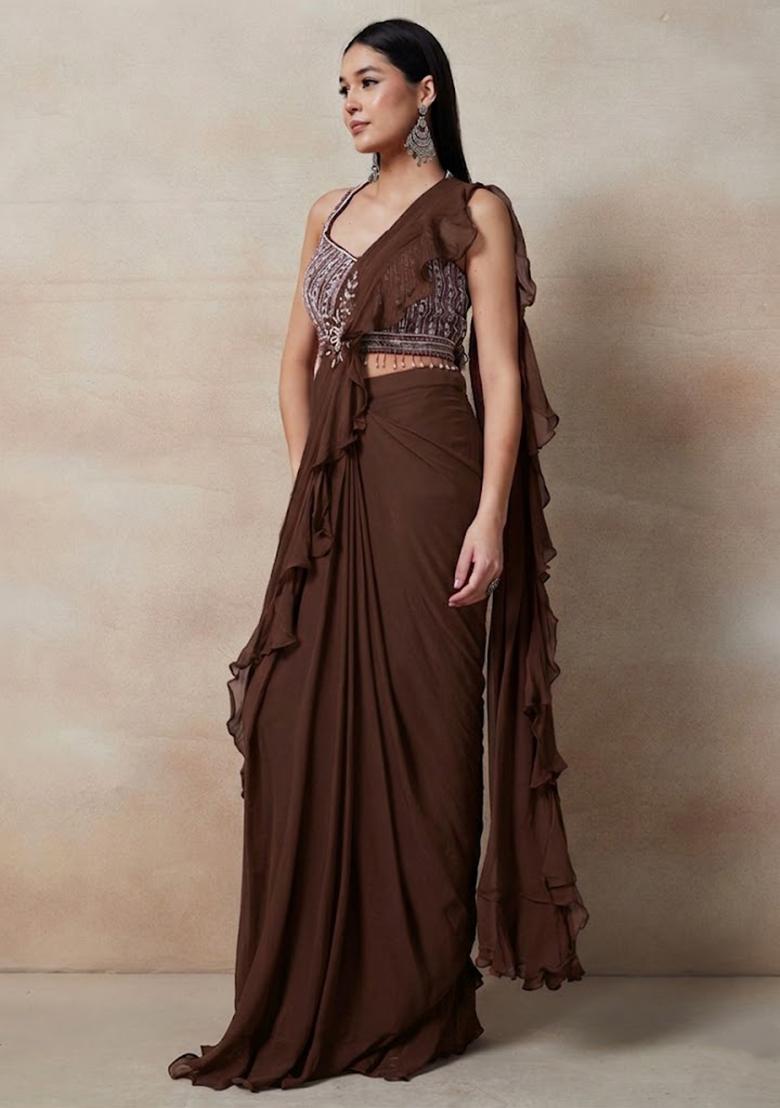 Brown Embellished Designer Pre Draped Saree Set - Indya