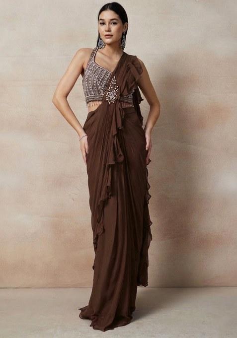 Brown Embellished Designer Pre Draped Saree Set